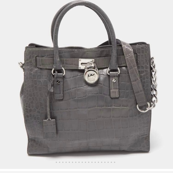 Michael Kors Hamilton North South Leather Handbag, Gray Crocodile Croc Embossed - Picture 1 of 16
